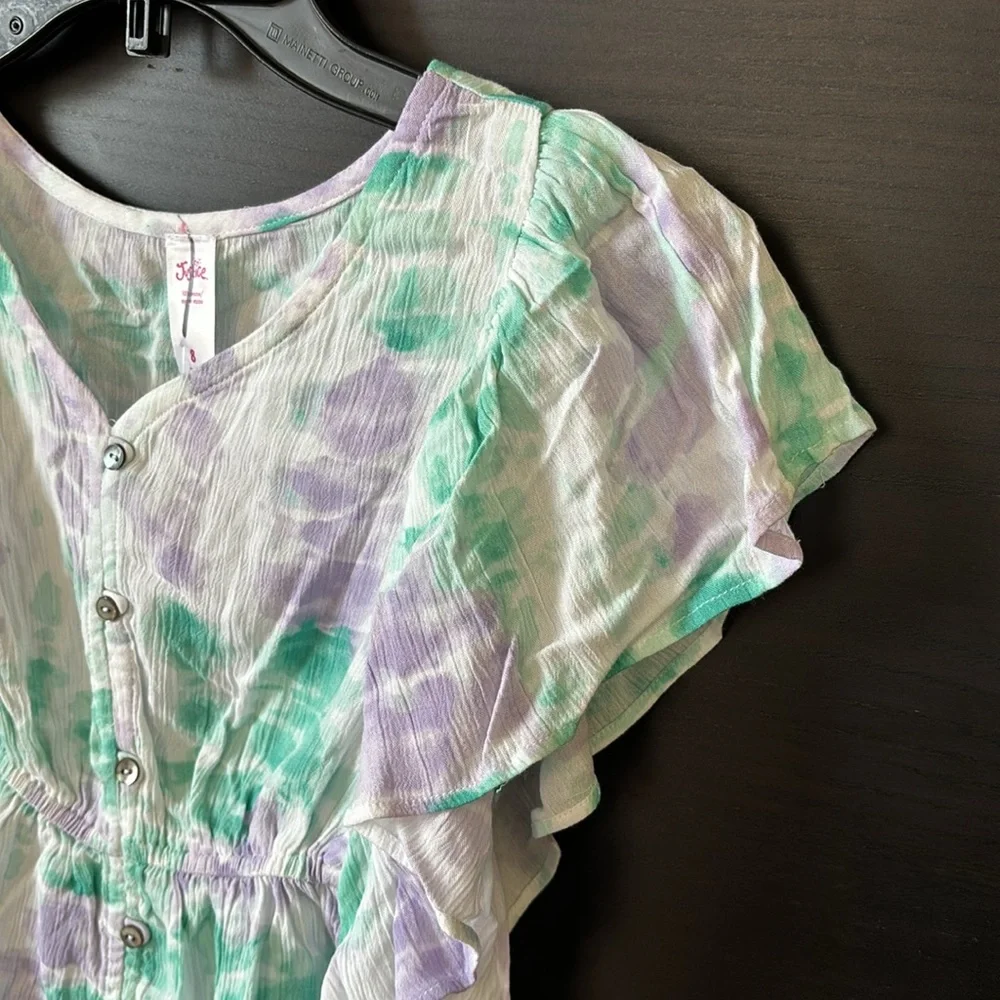 Justice Girls White Purple and Green Short Sleeve Ruffle Detailing Top